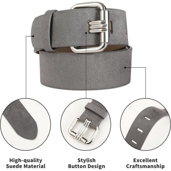 Women Leather Wide Fashion Thick Dress Belt With Gold Buckle Belt Suede Grey - Picture 4 of 6